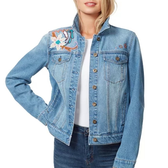 Jessica Simpson Floral Embroidered Denim Jacket New with Tags Sz 1X Boho Hippie - Picture 1 of 7